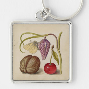 Butterfly Walnut Flower and cherry Watercolor Keychain