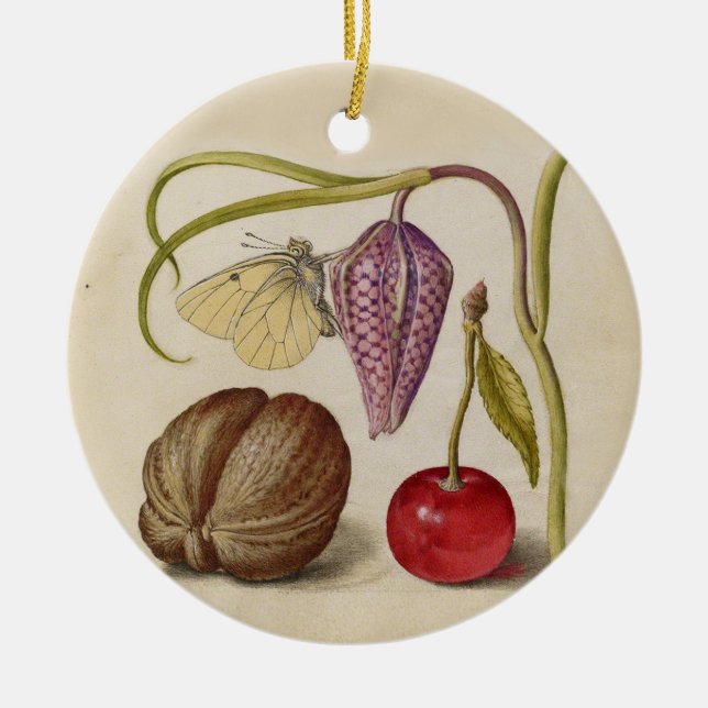 Butterfly Walnut Flower Cherry Watercolor Art Ceramic Ornament (Front)