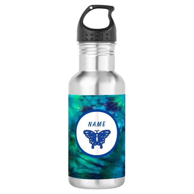 Butterfly Water Bottle Green and Blue Tie-Dye (Front)