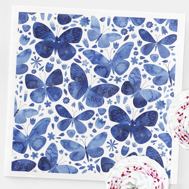 Butterfly Watercolor Blue and White Pattern Napkin (Blue and white butterfly pattern party paper napkins)
