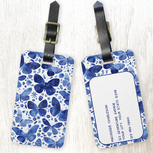 Butterfly Watercolor Blue and White Personalized Luggage Tag