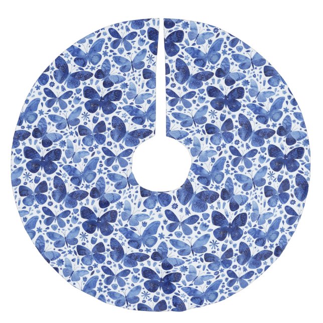 Butterfly Watercolor Blue Brushed Polyester Tree Skirt (Front)