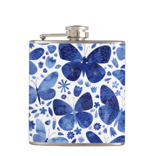 Butterfly Watercolor Blue Hip Flask
