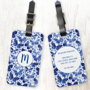 Butterfly Watercolor Blue Monogram Luggage Tag