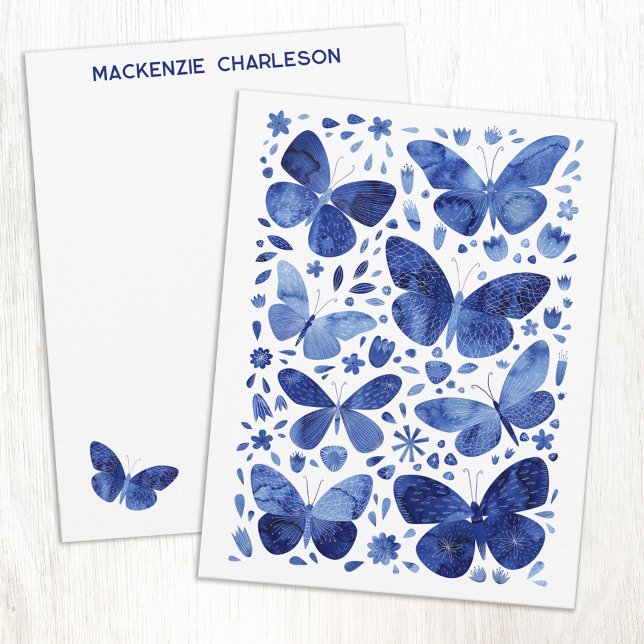 Butterfly Watercolor Blue Personalized Card (Watercolor butterfly pattern blue and white personalized custom name or text notecards)