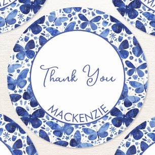 Butterfly Watercolor Blue Personalized Thank You Classic Round Sticker