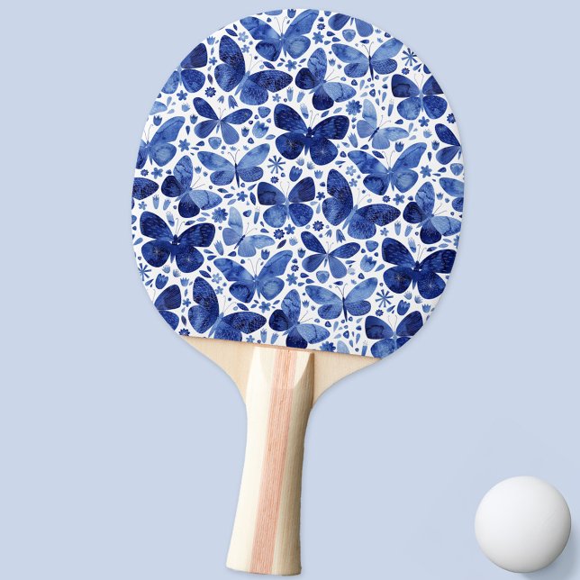 Butterfly Watercolor Blue Ping Pong Paddle (Watercolor butterfly pattern blue and white ping pong paddle)