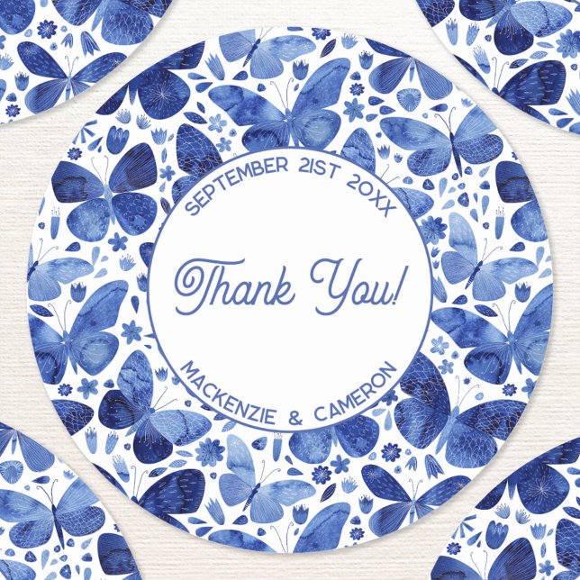 Butterfly Watercolor Blue Thank You Personalized Classic Round Sticker (Blue watercolor butterfly pattern personalized custom text wedding names date thank you stickers)