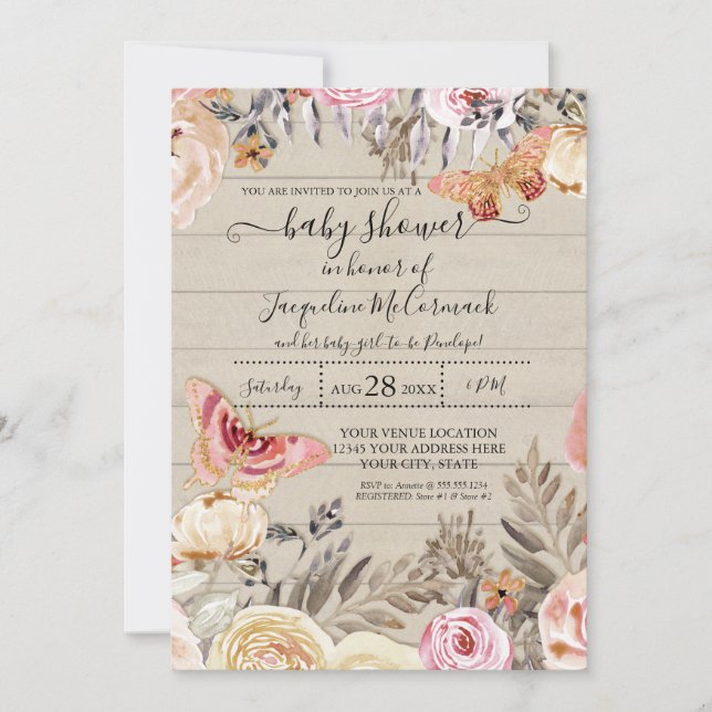 Butterfly Watercolor Blush Floral Rose Rustic Wood Invitation (Front)