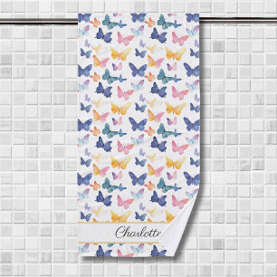 Butterfly Watercolor Colourful Pattern Custom Name Bath Towel