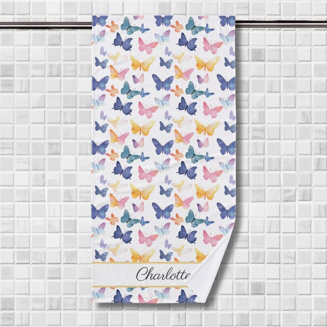 Butterfly Watercolor Colourful Pattern Custom Name Bath Towel (Creator Uploaded)