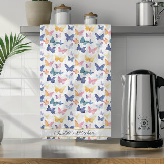 Butterfly Watercolor Colourful Pattern Custom Name Kitchen Towel