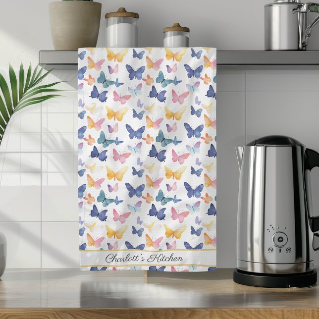 Butterfly Watercolor Colourful Pattern Custom Name Kitchen Towel (Creator Uploaded)