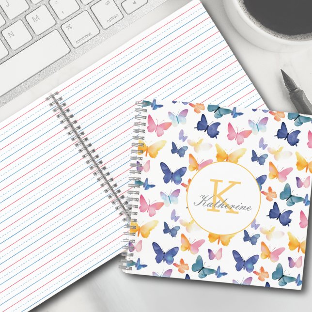 Butterfly Watercolor Colourful Pattern Custom Name Notebook (Creator Uploaded)