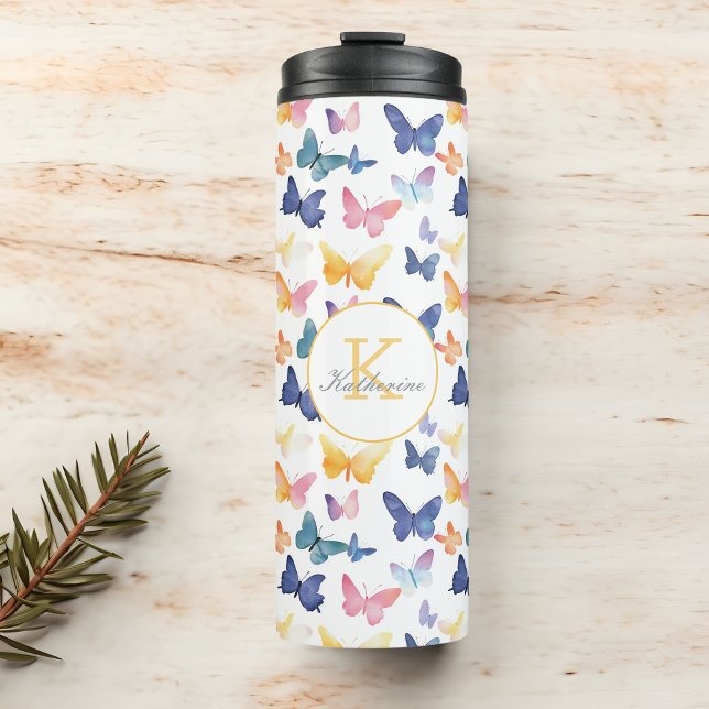 Butterfly Watercolor Colourful Pattern Custom Name Thermal Tumbler (Creator Uploaded)