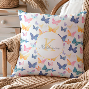 Butterfly Watercolor Colourful Pattern Custom Name Throw Pillow