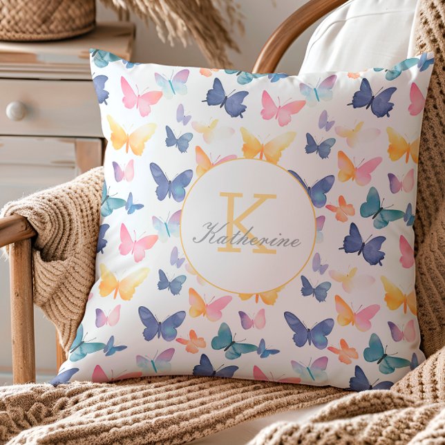 Butterfly Watercolor Colourful Pattern Custom Name Throw Pillow (Creator Uploaded)