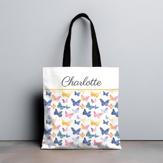 Butterfly Watercolor Colourful Pattern Custom Name Tote Bag