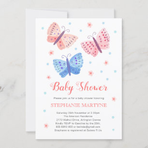 Butterfly Watercolor Coral Blue Baby Shower Invitation
