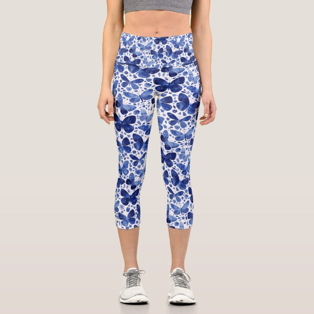 Butterfly Watercolor Indigo Blue Capri Leggings (Front)