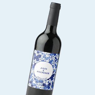 Butterfly Watercolor Indigo Blue Wedding Wine Label