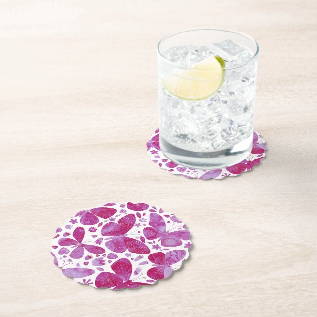 Butterfly Watercolor Magenta Pink Paper Coaster (Insitu)