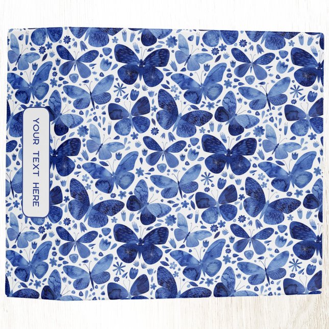 Butterfly Watercolor Pattern Blue White Binder (Blue watercolor butterfly pattern personalized custom text three ring binder)