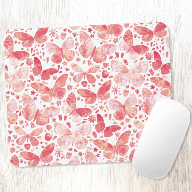 Butterfly Watercolor PInk Mouse Pad (Coral blush pink butterfly watercolor pattern  art mousemat)