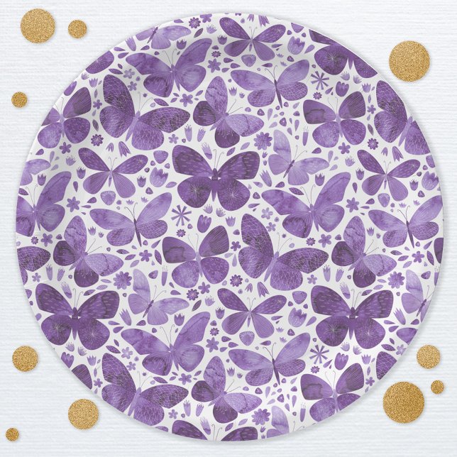 Butterfly Watercolor Purple Paper Plate (Butterfly watercolor pattern purple party paper plates)