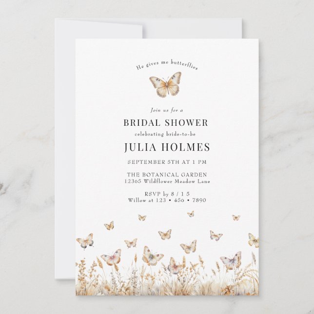 Butterfly Watercolor Wildflowers Bridal Shower Invitation (Front)