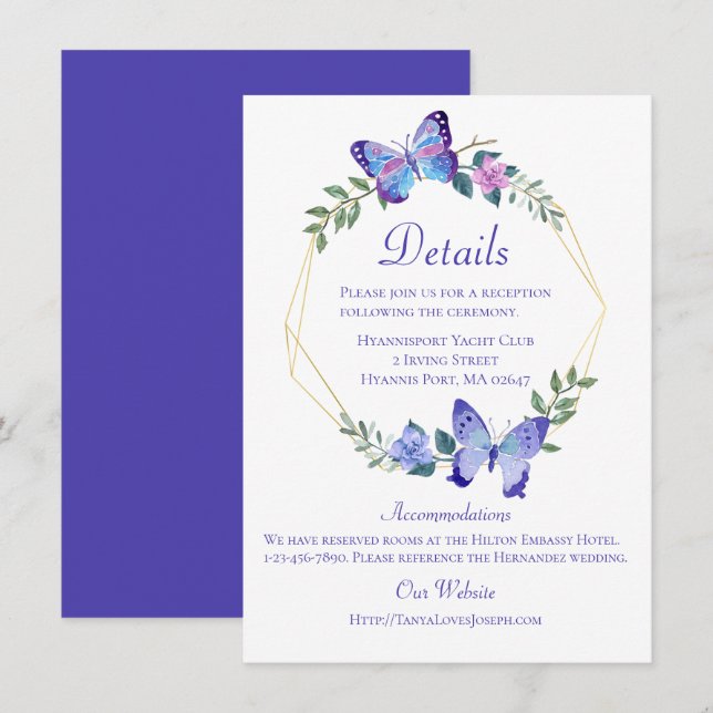 Butterfly Wedding Details Butterflies Blue Floral Invitation (Front/Back)