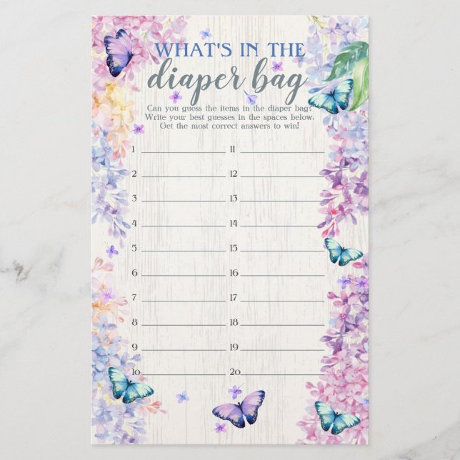 Butterfly What's in the Diaper Bag Shower Game (Front)