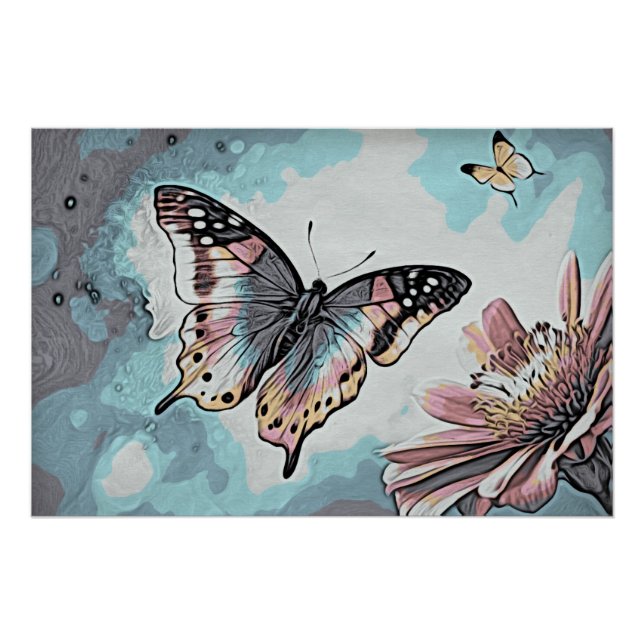 *~* Butterfly White Flower Watercolor AP52 Poster (Front)