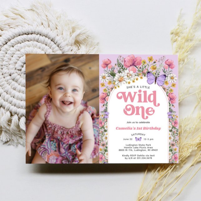 Butterfly Wildflower 1st Birthday Photo Invitation (Butterfly Wildflower 1st Birthday Photo Invitation)