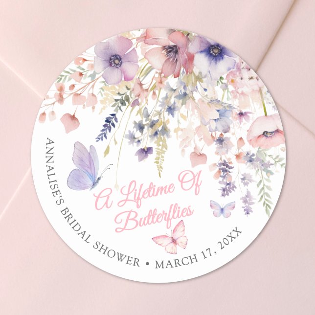 Butterfly Wildflower Bridal Shower Classic Round Sticker (Butterfly Wildflower Bridal Shower Classic Round Sticker)