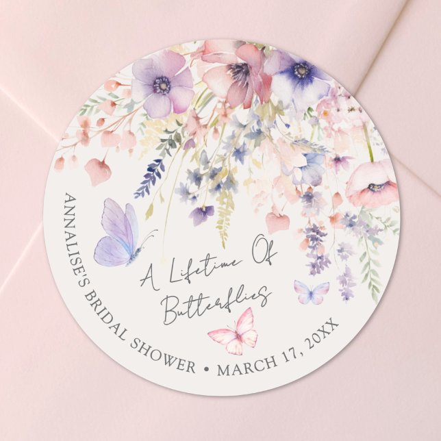 Butterfly Wildflower Bridal Shower Classic Round Sticker (Butterfly Wildflower Bridal Shower Classic Round Sticker)