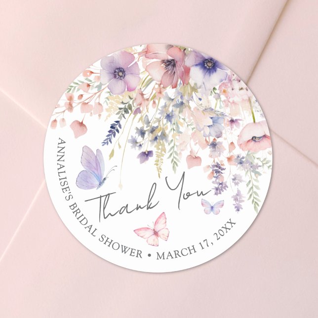 Butterfly Wildflower Bridal Shower Thank You Classic Round Sticker (Butterfly Wildflower Bridal Shower Thank You Classic Round Sticker)