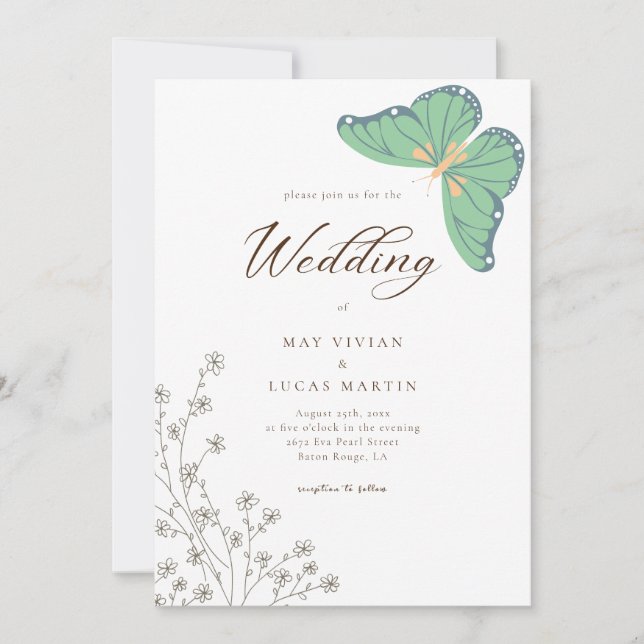 Butterfly Wildflower Calligraphy Wedding Invitation (Front)