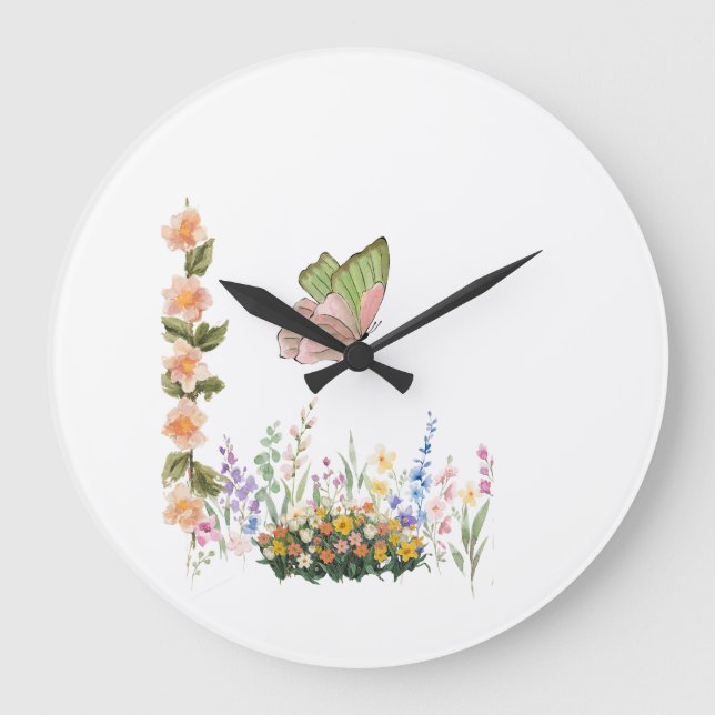 Butterfly & Wildflower Garden Wall Clock – Soft Pi (Front)