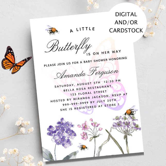 Butterfly wildflowers violet pink girl baby shower invitation (Creator Uploaded)