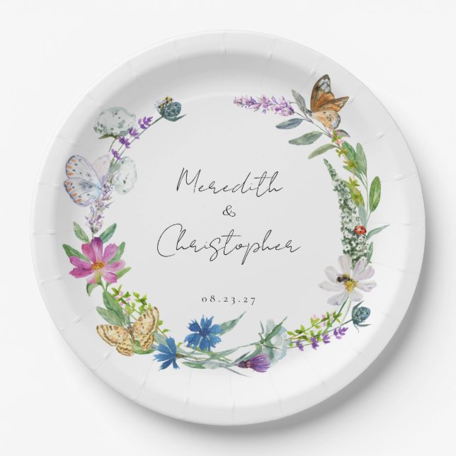 Butterfly Wildflowers Wedding Paper Plate (Front)