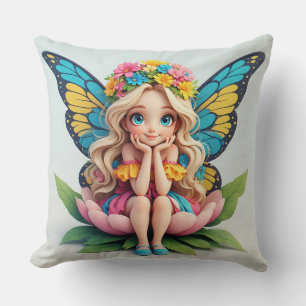 Butterfly Wing Fairy Girl Sitting In Flower Garden Throw Pillow