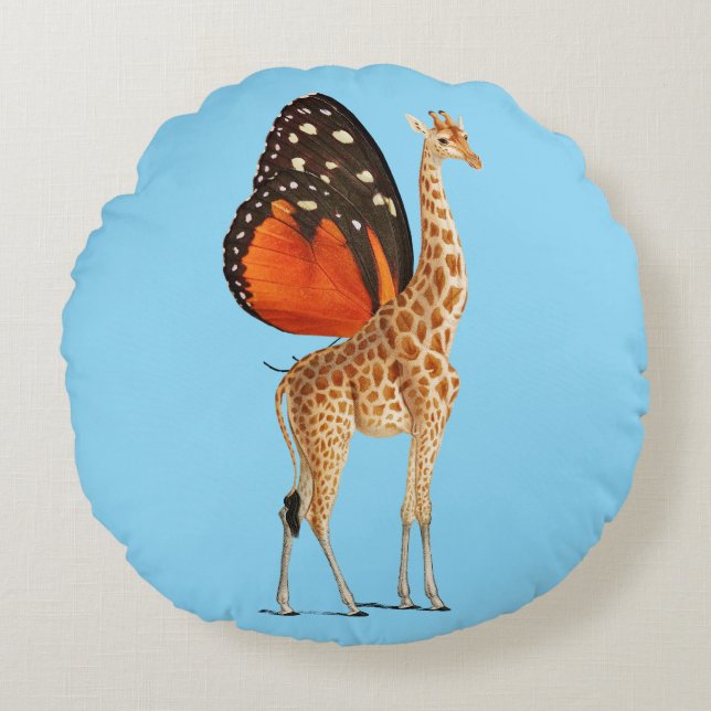 Butterfly winged giraffe (BLUE BKGRD Round Pillow (Front)