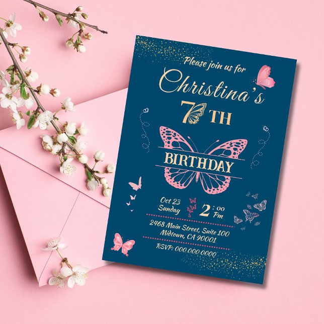 Butterfly wings 7th birthday blue colour invitatio invitation (Creator Uploaded)