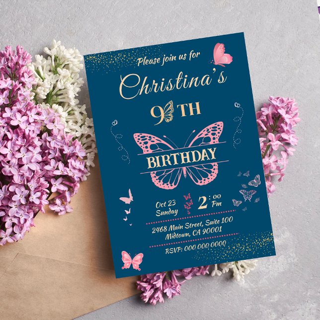 Butterfly wings 9th birthday blue colour invitatio invitation (Creator Uploaded)