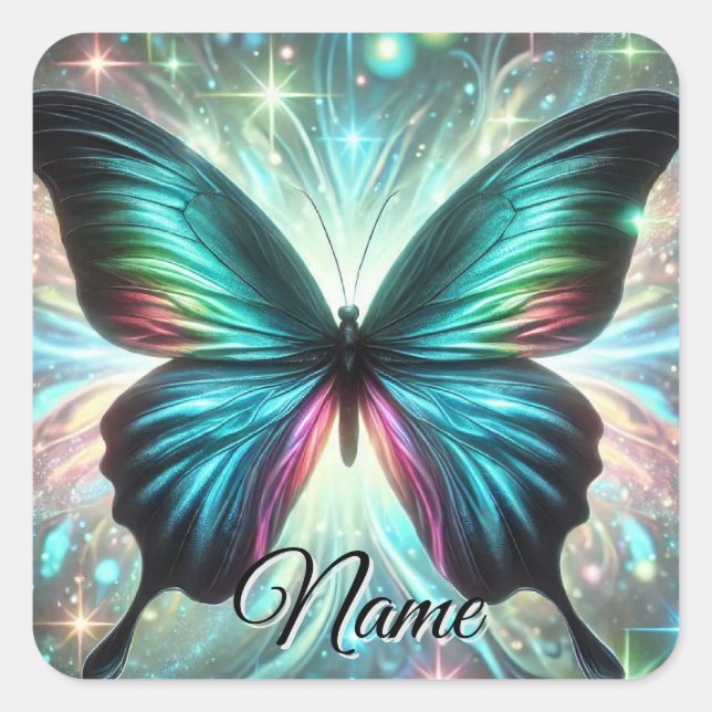 Butterfly with Galactic Glow and Sparkling Stars Square Sticker (Front)
