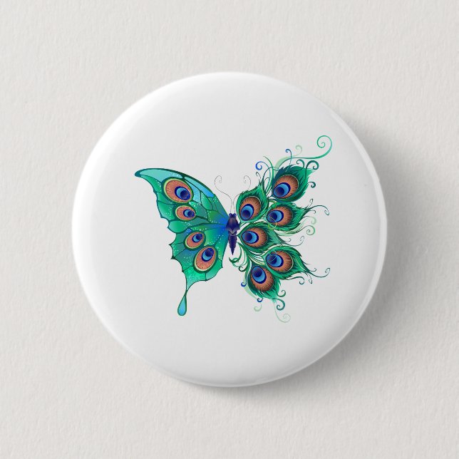Butterfly with Green Peacock Feathers 2 Inch Round Button (Front)