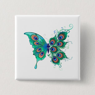 Butterfly with Green Peacock Feathers 2 Inch Square Button