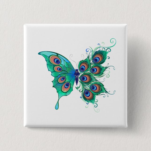 Butterfly with Green Peacock Feathers 2 Inch Square Button (Front)