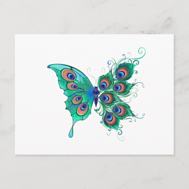 Butterfly with Green Peacock Feathers Announcement Postcard (Front)